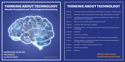 Plakat und Vorlesungsauflistung der Ringvorlesung SS23: Ein leuchtende Outline eines Gehirns mit einer Datenträger-Platine im Hintergrund