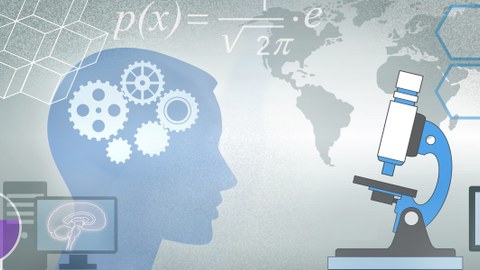 Darstellung von verschiedenen Symbolen, um die Naturwissenschaften darzustellen. Von links nach rechts erkennt man: Reagenzgläser, einen Computer, einen Kopf, eine mathematische Formel, ein Mikroskop und rechts im Hintergrund eine Weltkarte.