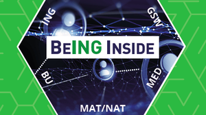 Darstellung des BeING Inside Logos. Ein Schriftzug "BeING Inside" auf blauem Hintergrund befindet sich in der Mitte. Um den Schriftzug herum angeordnet sind die Kürzel: "ING", "GSW", "BU", "MED","MN" 
