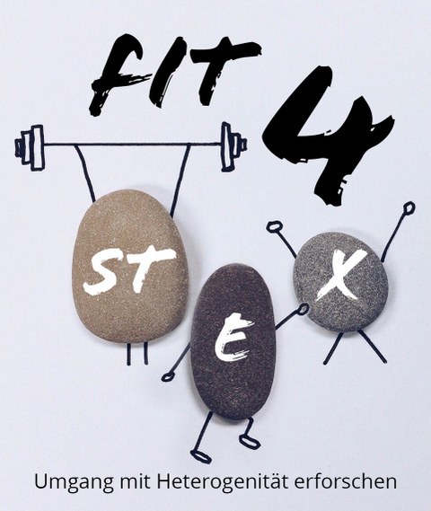 Auf dem Foto sind drei Steine zu sehen, die durch angemalte Arme und Beine so aussehen, als würden sie Sport treiben. Weiterhin ist "Fit4Stex" zu lesen und als Untertitel "Umgang mit Heterogenität erforschen".it 