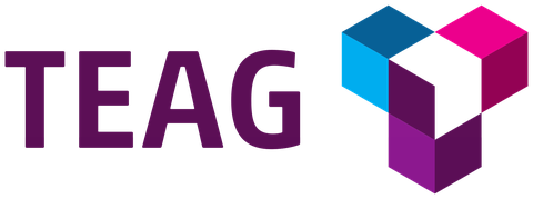 Bild des TEAG Logos. Groß geschriebener Firmenname "Teag" und rechts daneben ein Würfel, an dem an unterschiedlichen Seiten drei weitere Würfel "kleben". 