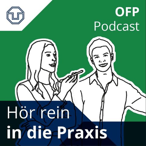 Zeichnung eines Mädchens, das ein Handy hält. Neben ihr steht ein Junge. Links oben ist das Logo der TU Dresden zu sehen. In der rechten Ecke steht: OFP Podcast. Unten im Bild erkennt man den Text: Hör rein in die Praxis.