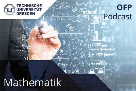 Darstellung des Covers des Mathematik Podcasts. Eine Hand schreibt mathematische Formalen an eine Scheibe.