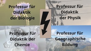 Abbildung: Gezeigt ist eine Collage mit der Beschriftung der vier Fachdidaktiken und einem Blitz in der Mitte