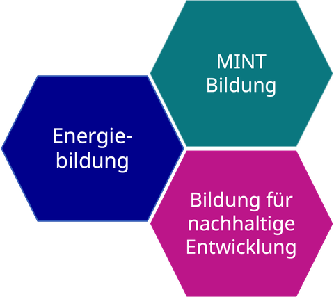 Abbildung: MINT-Bildung, Bildung für Nachhaltige Entwicklung, Energiebildung als Worte in Raute