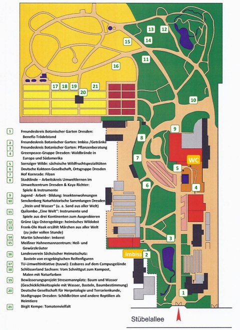 Grafik des Gartenplan vom Botanischen Garten der TU Dresden mit den Standorten der Stände zum Sommerfest 2022. Daneben werden die Stände beschrieben.