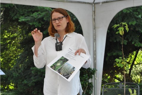 Foto von Katharina Stein während ihres Vortrages. In einer Hand hält sie Bild von Pflanzenteilen mit Beschriftung, die andere Hand gestikuliert. 