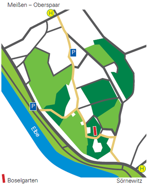 Karte mit Parkmöglichkeiten und Lage des Boselgartens