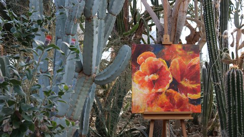 rote Blüten auf Leinwand vor Kakteenkulisse