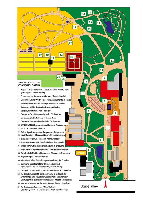 Lageplan mit 25 Teilnehmern , darunter Quilombo - eine Welt, Natur im Garten Sachsen, Orchideen- und  Kakteengesellschaft, Landesverein Sächsischer Heimatschutz, Senckenberg Naturmuseum Dresden, TUD-Bakteriopolis, Verbraucherzentrale, Märchenerzähler