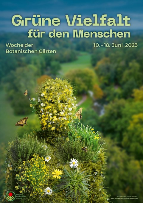 Plakat für Veranstaltungswoche zu "Grüne für den Menschen", menschliche Figur mit vielen Pflanzen bestückt