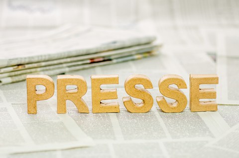 Das Foto zeigt viele Zeitungen. Auf einer Dieser Zeitungen ist das Wort "Presse" mit Hilfe von dreidimensionalen Buchstaben aufgestellt.