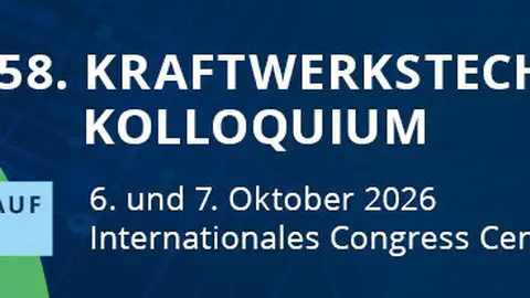 Auf dunkelblaumen Hintergrund der weiße Schriftzug 58. Kraftwerkstechnisches Kolloquium 6. und 7. Oktober 2026 Internationales Congress Center Dresden. Links davon auf hellblauem Hintergrund der dunkelblaue Schriftzug Wir freuen uns auf ihre Teilnahme.
