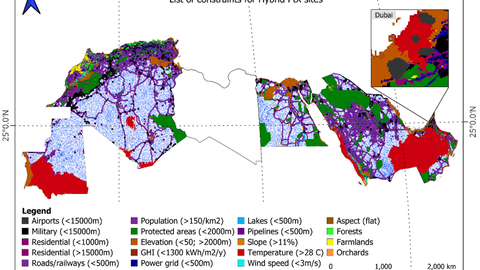 Grafik der Räumliche Einschränkungen, die bei der Ermittlung potenzieller Standorte für die hybride PtX-Produktion in der MENA-Region berücksichtigt wurden.