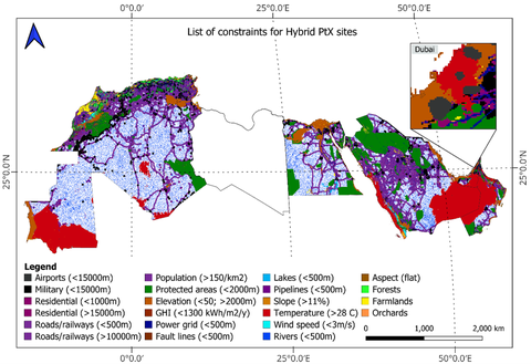 Grafik der Räumliche Einschränkungen, die bei der Ermittlung potenzieller Standorte für die hybride PtX-Produktion in der MENA-Region berücksichtigt wurden.
