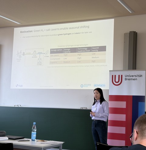 Die Kollegiatin Shiyu Guo hält ihre Präsentation. An der Wand hinter hier sieht man die Projektion ihrer Präsentation.