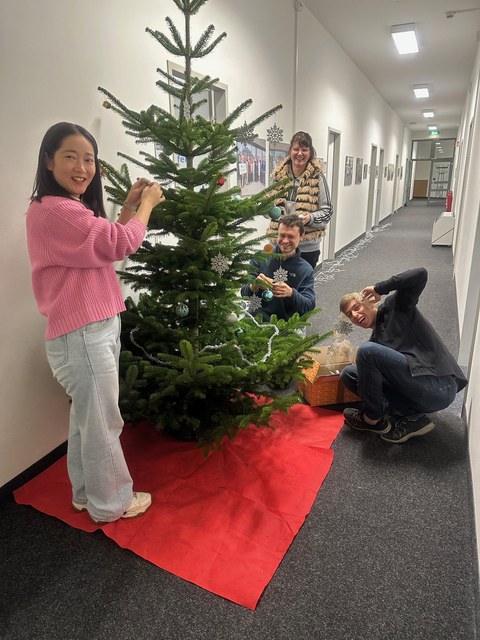 Die Kollegiatinnen und Kollegiaten schmücken den Weihnachstbaum