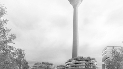 Blick auf die Erweiterung des Landtags NRW mit Rheinturm