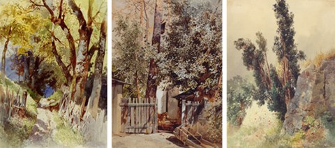 Ernst Erwin Oehme: „Weg zwischen Zäunen“, Aquarell 32 x 22-1/2 cm, ca. 1880, „Pförtchen unterm Baum“, Aquarell, 1880, 30,5 x 24 cm, „Felsen mit Zypresse“, Aquarell, 1880, 39 x 31 cm, alle Kunstbesitz der TU Dresden