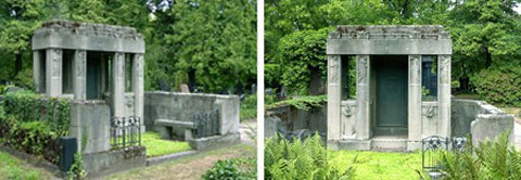 Fritz Schumacher: Grabstätte Otto Mohr auf dem Johannisfriedhof Dresden mit Reliefs von Selmar Werner (1906/07), 1985 restauriert und das Grab von G. Ch. Mehrtens integriert. Fotos: Ina Steiding (2000)