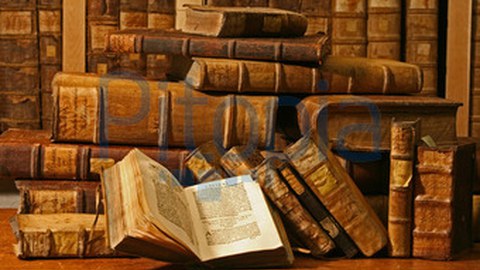 Malerei zeigt alte Bücher.