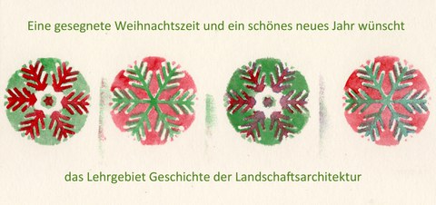 Foto zeigt eine selbstgestaltete Weihnachtskarte des Lehrgebietes aus dem Jahr 2016. Schneeflocken wurden im Druckverfahren auf der karte angeordnet.