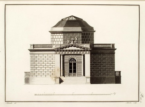 Ansicht des Freundschaftstempels in Rheinsberg aus dem Werk „Neue Garten- & Landschaftsgebäude, Schwender (del.) & Aubertin (sc.), Aquatinta um 1798 (gemeinfrei, Digitalisat UB Heidelberg: https://digi.ub.uni-heidelberg.de/diglit/becker1798).