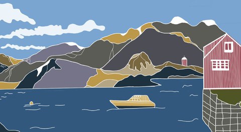 Norwegische Landschaft mit Fjord, Bergen, Boot auf Wasser und rotem Häuschen