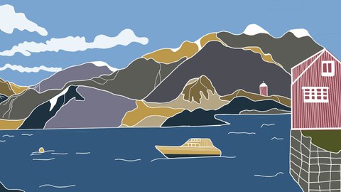 Norwegische Landschaft mit Fjord, Bergen, Boot auf Wasser und rotem Häuschen