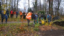 Foto zeigt die feierliche Neupflanzung einer Eiche im Thammenhainer Schlosspark, die unter den Augen der zahlreichen Anwesenden geschieht.