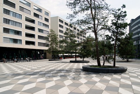 Stadtplatz mit auffälliger 3D-Pflasterung und mehreren Baum-Inseln.