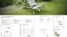 Foto einer Sitzgelegenheit aus recycelten Skiern und des technischen Plans.