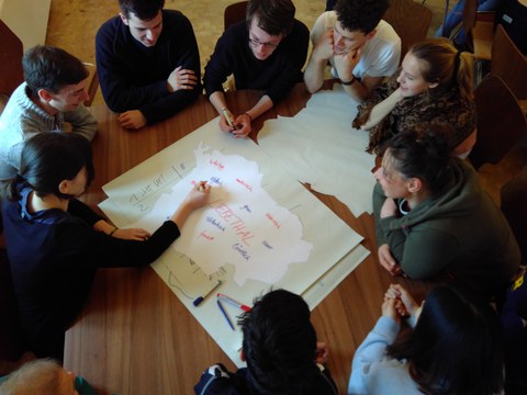 Foto von Studierenden beim Erstellen einer Mind-Map zum Projektgebiet der Intensivwoche