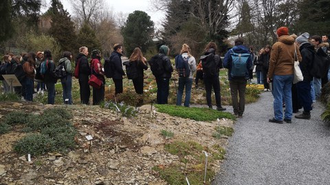 Die Studierenden stehen an eine Pflanzfläche im Botanischen Garten und folgen dem Vortrag. 
