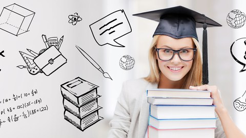 Auf dem Foto sieht man eine junge Frau mit einem Doktorhut mit einem Bücherstapel in der Hand. Auf dem Bild sind zudem diverse Symbole aus dem Bildungskontext gezeichnet, wie zum Beispiel Reagenzgläser, Formeln und Stifte.