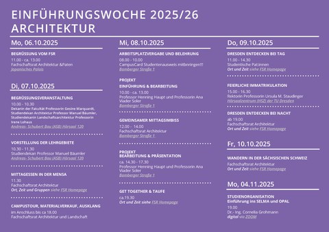 Ablaufplan ESE-Woche Diplomstudiengang Architektur 2025/26