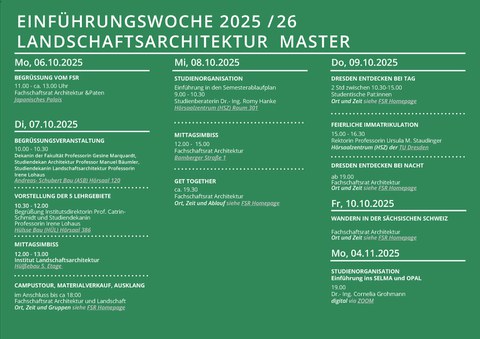Ablaufplan ESE-Woche Masterstudiengang Landschaftsarchitektur 2025/26