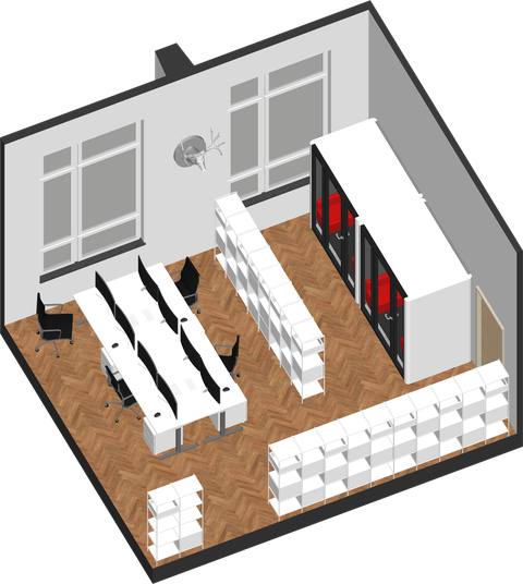 Arbeitsraum mit Gemeinschaftsbüro, rechts abgeteilt Meetingboxen für die störungsfreie Besprechung