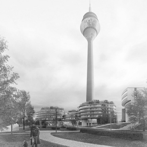 Blick auf die Erweiterung des Landtags NRW mit Rheinturm
