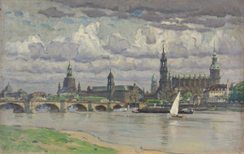 Fritz Beckert: „Dresden – Elblandschaft mit Brücke und Schloss“, 1931, Öl, Holz, 37 x 60 cm, Kunstbesitz der TU Dresden
