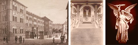 Gustav Heine: „Das Königliche Polytechnische Institut“, Ausschnitt der Lithografie von E. Müller um 1850, 14,2 x 18,8 cm; Friedrich Rentsch: "Figurenschmuck im Treppenhaus der Alten Hochschule am Bismarckplatz", Foto von Hermann Krone (1890); Friedrich Re