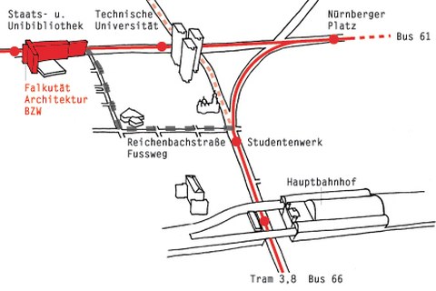 Illustration der Wegbeschreibung vom Hauptbahnhof zur Fakultät Architektur im Bürogebäude Zellescher Weg