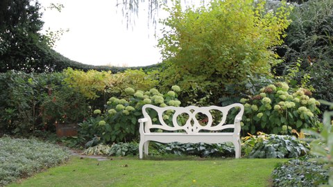 Foto zeigt eine weiße Gartenbank im Garten von Karl Förster. Im Hintergund ist eine ausdifferenzierte Pflanzung zu sehen.