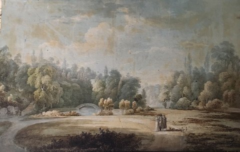 Zu sehen ist ein Aquarell vom Schlosspark Reinhardtsgrimma, Ende 18. Jahrhundert.