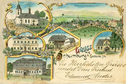 Historische Postkarte mit verschiedenen Gebäuden des Ortes Schaumburg