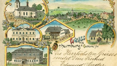 Historische Postkarte mit verschiedenen Gebäuden des Ortes Schaumburg