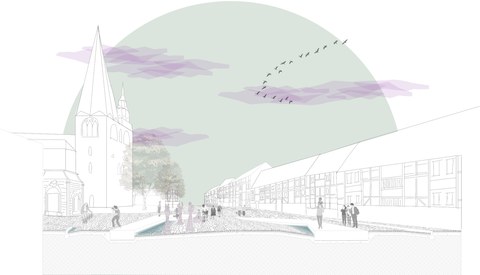 Schnittperspektive Kornmarkt aus der Arbeit „barrierefreies Wasserleitsystem für die denkmalgeschützte Altstadt Quedlinburgs“, Grafik: Amrei Stenz (2. Preis)