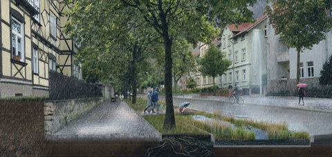 Perspektive Wallstraße aus der Arbeit „Mit DREI Prinzipien zur Klimaresilienten Stadt Quedlinburg“, Grafik: Mona Schäfer (3. Preis)