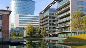 view over the artificial lake to the surrounding buildings in the Viertel Zwei in Vienna