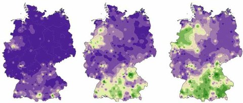graphische Darstellung von drei Karten von Deutschland zum Landschaftswandel